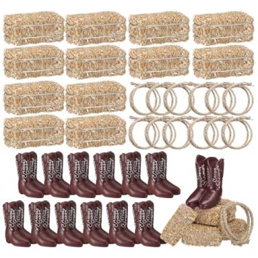 Imagem de DoubleFill 12 conjuntos de 6 conjuntos de peças centrais de festa de caubói ocidental, mini fardos de feno, mini botas de cowboy de mesa de centro de mesa corda de juta torcida para decoração de
