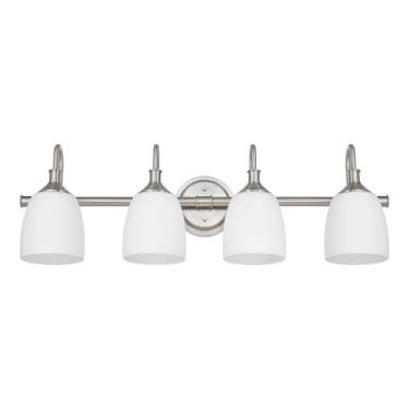 Imagem de Hanaloa Luminária de banheiro com 4 luzes sobre o espelho, luzes vintage para sala de estar, persianas de vidro branco leite, base E26 padrão, níquel escovado