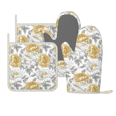 Imagem de Luvas de forno e suportes de panela vintage flor peônia floral acessórios de cozinha de silicone conjunto de 4 luvas longas resistentes ao calor pegador de panela aderência antiderrapante para chef