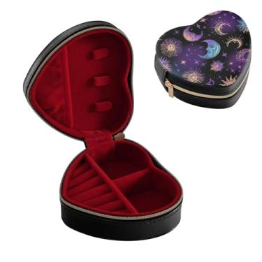 Imagem de STAYTOP Caixa de joias em forma de coração azul e roxo sol e lua - pequeno anel antigo/brincos/colar estojo organizador de armazenamento, armazenamento portátil de joias de couro PU