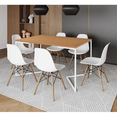 Imagem de Mesa Jantar Industrial Retangular Canela 137X90Cm Base V Ferro Branco C/6 Cadeiras Branca Ma Canela