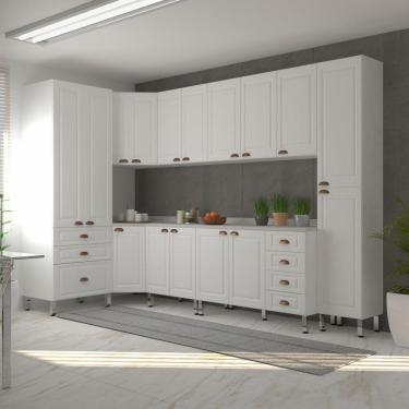 Imagem de Armário De Cozinha Completa 8 Peças Com Tampos Cristal Luciane Móveis Branco Polar Com Branco Pet E Marmore