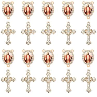 Imagem de Jiali Q Conjunto de 20 peças com strass, conectores de medalha de santos católicos e pingentes de cruz de cristal para suprimentos de fabricação de rosário religioso (Sagrado Coração de Jesus)