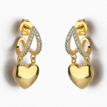 Imagem de Brinco Meia Argola Coração Liso Com Zircônia Banhado A Ouro