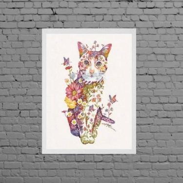 Imagem de Quadro Decorativo Gatinho Floral 45X34Cm - Madeira Branca - Quadros On