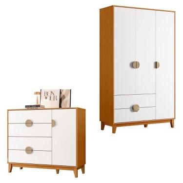 Imagem de Kit Guarda Roupa Ipê Com Comoda Ipê Com Pés Madeira Maciça Cinamomo/Branco
