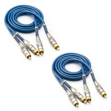Imagem de 2 Cabos Rca Blindado 1 Metro Prime Plug Metal 5mm Transparente Azul Po