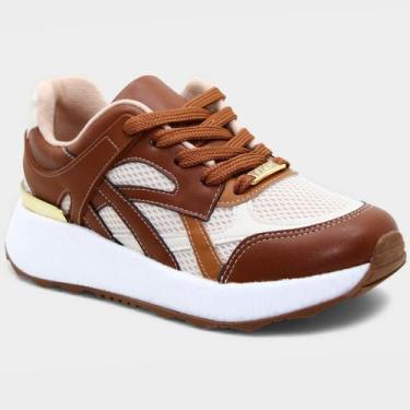 Imagem de Tênis Vizzano Casual Recortes Feminino - Branco e Marrom, 36