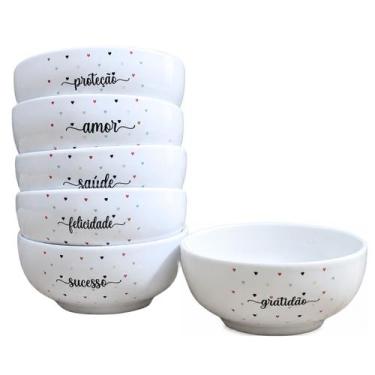 Imagem de Kit 6 Bowl Tigela Cumbuca 350ml Porcelana Branca Decorada Estampa:Poá 