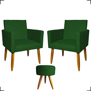 Imagem de Kit 2 Poltronas Decorativas Para Sala + Puff Redondo Para Recepção Manicure Sala De Espera Consultório Escritório Sala De Estar Suede Cores Pé Castanho - Clique & Decore (Verde)