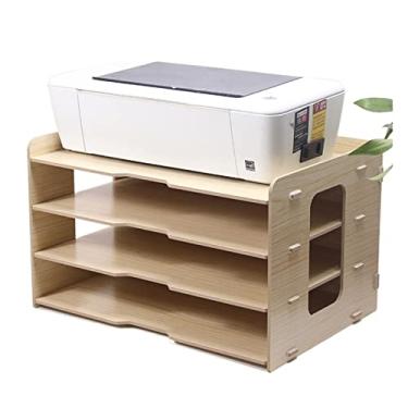 Imagem de KIZQYN Suporte de impressora engrossar suporte de arquivos de mesa de madeira multicamadas 4 grades estante de escritório A3 caixa de armazenamento de papel caixa de informações rack de impressora A4 impressora de mesa (cor: b)