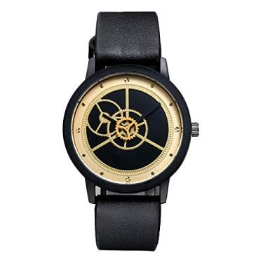 Imagem de Relógio de pulso masculino com pulseira de couro de quartzo, mostrador dourado, analógico, vestido de trabalho, rosto grande e design simples, Dourado, Relógio de quartzo
