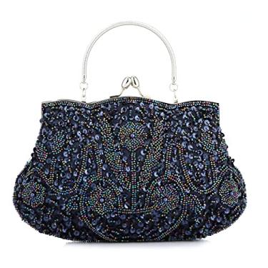 Imagem de Vistatroy Bolsa de Noite Floral Design de Lantejoulas com Design Vintage Kissing Lock Bolsa Clutch de Cetim Bolsa de Embreagem, Azul