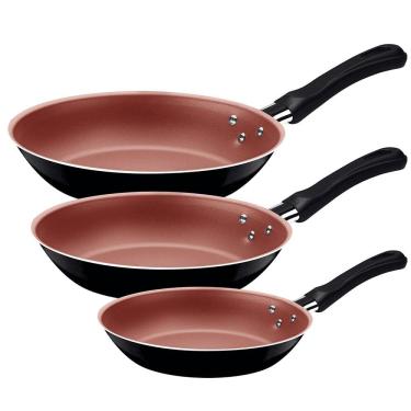 Imagem de Conjunto de Frigideiras 3 Peças Tramontina Caribe com Revestimento Interno Antiaderente Starflon Max e Cabos de Baquelite – Preto