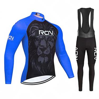 Imagem de Camisa masculina de ciclismo de inverno à prova de vento manga comprida + 3D acolchoada Bib calças térmicas de lã para bicicleta MTB terno de bicicleta quente, azul, PP (160 cm/53 kg)