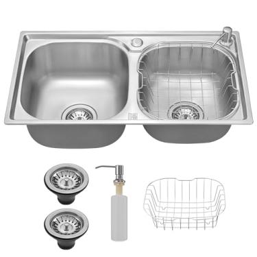 Imagem de HOLTTER Kit Cuba Dupla Gourmet Aço Inox Resistente Corrosão Acompanha Cesto Escorredor Elegante Chique Fácil Limpeza Antirruído Embutir Sobrepor Instalação Rápida Cozinha Ilha Espaço Gourmet (Prata)