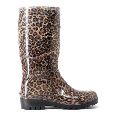 Imagem de Bota Galocha Feminina Onça Marrom Cano Longo Impermeável Pvc Leve Tigresa