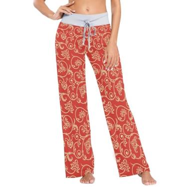 Imagem de Calças de pijama longas para mulheres estampa vintage ouro vermelho calça pijama feminino para o verão combinando pijama, Estampa vintage, dourado, vermelho, P