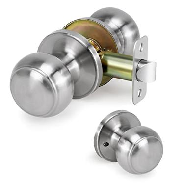 Imagem de LOQRON Maçaneta de porta de passagem, trava de porta interna sem trava, alças redondas para corredores do lado direito e esquerdo, puxadores de armário sem chave, níquel acetinado, 1 pacote