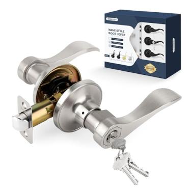 Imagem de LOQRON Maçaneta de porta estilo onda com chave, maçaneta de entrada reversível para canhoto/direita para escritório ou porta da frente com acabamento em níquel acetinado, 1 pacote