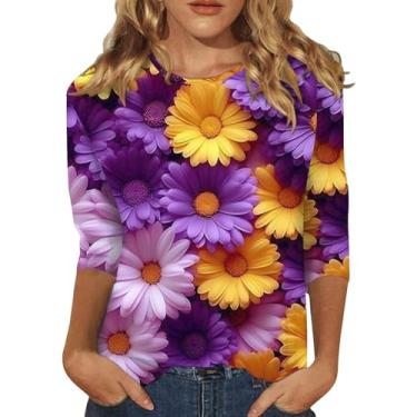Imagem de Camiseta feminina floral de verão 2024, manga 3/4, casual, folgada, gola redonda, túnica com leggings, moda outono, Roxa, M