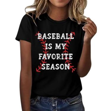 Imagem de Camiseta feminina de beisebol Is My Favorite Season Baseball Mom Game Day com letras engraçadas, camisetas modernas casuais de verão, Preto, GG