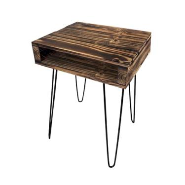 Imagem de OWLHAUS Mesa de cabeceira de palete, madeira de pinheiro recuperada - acabamento carbonizado com pernas de grampo de cabelo | Cubby, cabeceira, mesa de canto | meados do século, rústico, industrial,