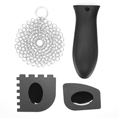 Imagem de Esfregão de ferro fundido, kit de limpeza de ferro fundido de aço inoxidável, esfregão de corrente durável, raspador dentado, capa de alça para frigideira de cabana, limpeza de panela de ferro na cozinha doméstica