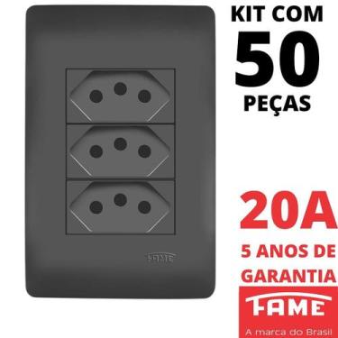 Imagem de 50un Tomada Padrão Tripla 2P+T 20A Com Placa Habitat Black FAME