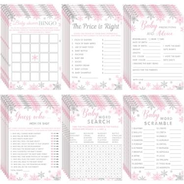 Imagem de Jetec 302 peças de jogos de chá de bebê com tema de floco de neve rosa, 6 jogos, 50 folhas cada, festa no chuveiro, confusão de palavras, pesquisa de palavras para bebês, previsões e conselhos, o