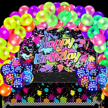 Imagem de 126 Pieces Neno Glow in The Dark Birthday Party Supplies Includes Graffiti Splash Paint Background, Glow Party Table Covers, Neon Glow Balloons and Transparent Fluorescent Glow Rubber Balloons