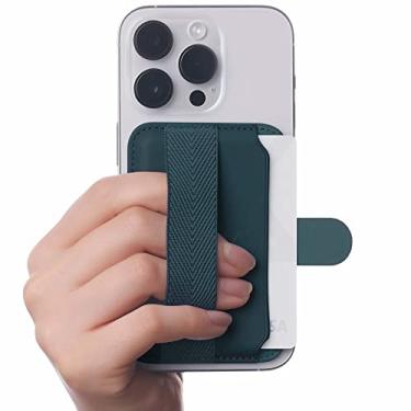 Imagem de Sinjimoru Carteira de telefone com padrão de pente para MagSafe, suporte magnético para cartão de celular de couro vegano e alça de lã como capa de cartão de crédito para iPhone 12 13 14 Plus Pro Max. M-Pull Tab Band Marine Blue