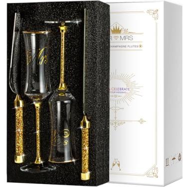 Imagem de iooiluxry Conjunto de corte de bolo dourado para casamento, faca de bolo de casamento e conjunto de servidor com taças de champanhe douradas para noivas e noivos para presentes para casais