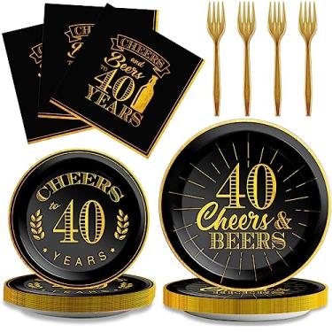 Imagem de gisgfim 96 peças Cheers Pratos e guardanapos de aniversário de 40 anos suprimentos de festa Cheers to 40 anos Conjunto de talheres 40ª festa decorações de aniversário lembrancinhas para homens e mulheres serve 24