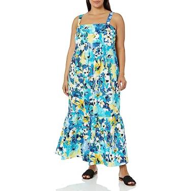 Imagem de London Times Vestido longo feminino de algodão franzido nas costas Babydoll em camadas, Branco macio/azul ártico, 58