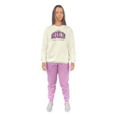 Imagem de Conjunto de Moletom Feminino Blusa Sem Capuz e Calça Jogger Estampado 