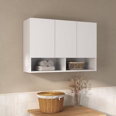 Imagem de Armário Aéreo Milão Multiuso Cozinha Lavanderia Banheiro 3 Portas e 2 Nichos Branco