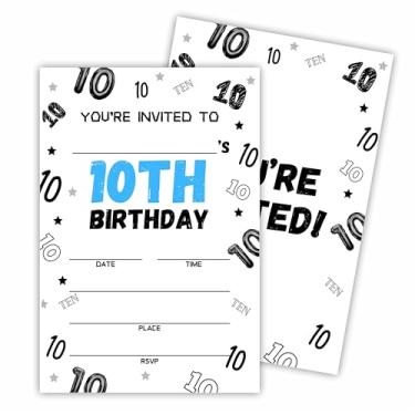 Imagem de Hsupl Cartões de convite de aniversário (10 x 15 cm - Aniversário de 10 anos - Conjunto de 20 convites de aniversário com envelopes - Convites minimalistas de 10º tema para meninos meninas