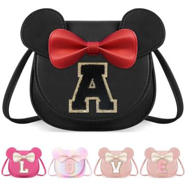 Imagem de izuzta Bolsa infantil para crianças 1 2 3 4 5 6 7 8 anos de idade bonito mouse orelha laço bolsa transversal presente de aniversário, Grande/Bolsa preta/Letra preta, A, A