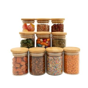 Imagem de kit 10 potes de vidro 110ml com tampa de bambu hermético redondos - Tud