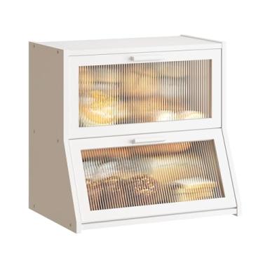 Imagem de GHWIE Caixa de pão de bambu de camada dupla para bancada de cozinha, caixa de armazenamento de pão de grande capacidade, recipiente para pão com painel de porta ondulado de acrílico (branco, extra