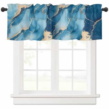 Imagem de Cortina de saia de mármore azul amarelo azul marinho amarelo ombré para cozinha, moderna, abstrata, azul marinho, amarelo, textura de mármore, cortina de bolso para varão, para banheiro, sala de