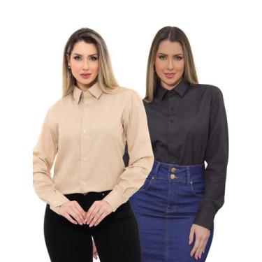 Imagem de KIT Feminino 2 Peças - Camisa Social Premium Tipo Linho Bege e  Camisa