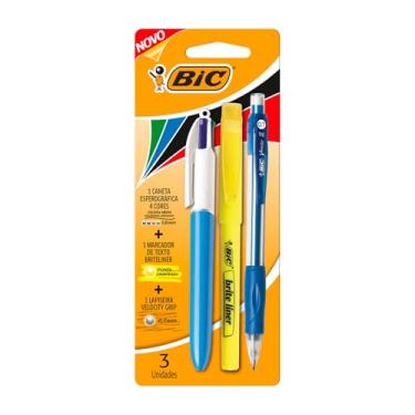 Imagem de BIC, Kit 1 Caneta 4 Cores Escrita Média + 1 Marca Texto com Ponta Chanfrada Briteliner + 1 Lapiseira Velocity Grip, 3 Unidades