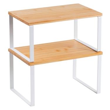 Imagem de Prateleira organizadora de armário de cozinha, conjunto de 2 prateleiras empilháveis, prateleira de elevação de armário de madeira pequena para armário de despensa, caneca de prato de especiarias