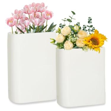 Imagem de Vasos de cerâmica modernos para livros, vasos de flores decorativos brancos para estante de mesa, conjunto de 2 utensílios de cozinha (grande + médio)