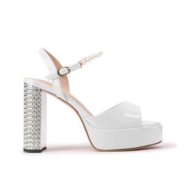 Imagem de JANSEVEN Sandálias femininas de strass salto grosso plataforma salto grosso tira no tornozelo sandálias brilhantes peep toe vestido sexy sapatos de festa de casamento, Pérola branca, 39