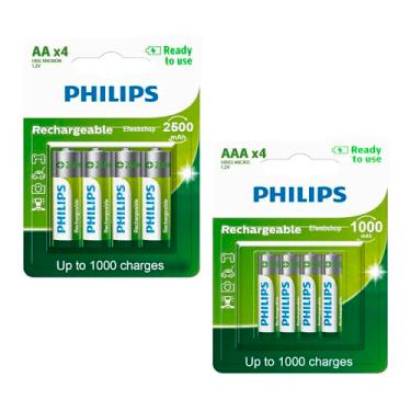 Imagem de 4 Pilhas Aa 2500mAh Philips Recarregável Mais 4 Pilhas Aaa Recarregável 1000mAh Palito RTU