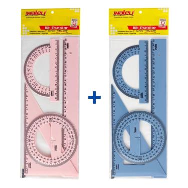 Imagem de Kit 02 Réguas de 2° Grau 30cm + Esquadro 60º + Transferidor 180º e 360º Waleu