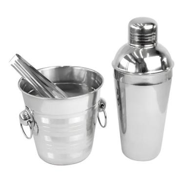 Imagem de Kit Conjunto Bar 3 Peças Coqueteleira Balde Pegador Inox - Innovare e-